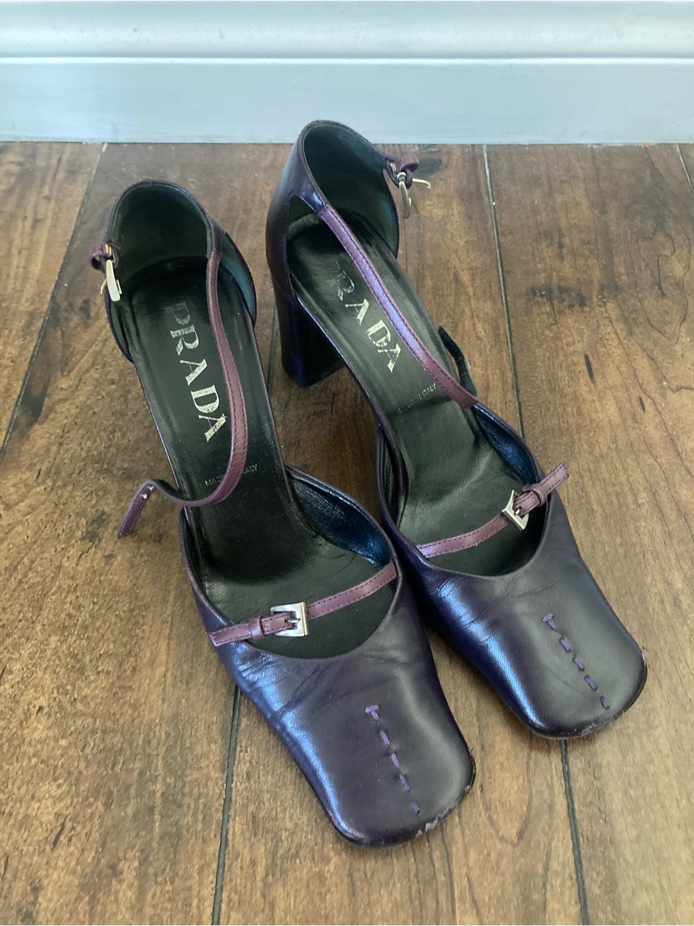 Prada Purple Leather Square-Toe Ankle-Strap Heels